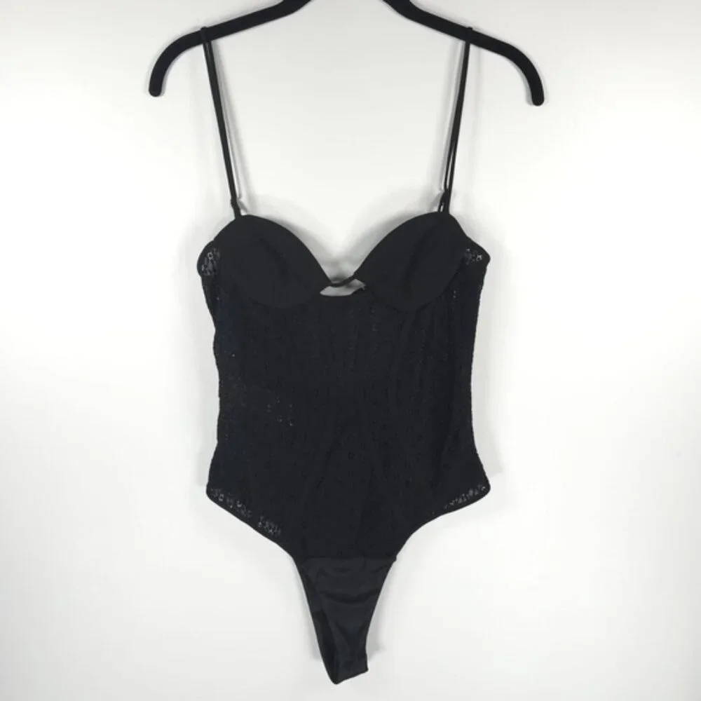 NWT ZARA Black Lace Adjustable Strappy Bodysuit Side Zip 7843/770 Sz‎ XS